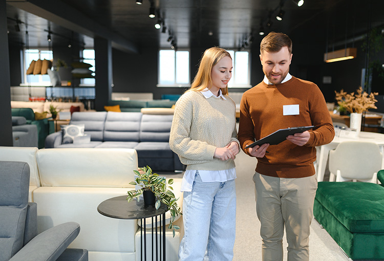 Sprzedawca prezentuje młodej kobiecie meble. Stoją w salonie meblowym wśród sof, foteli i stolików kawowych.